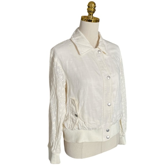 7 FOR ALL MANKIND Women's Off-White Zip-Up Eyelet Sleeves Bomber Jacket Size S - Picture 2 of 8